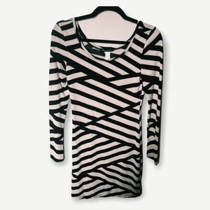 CREAM & BLACK STRIPED FITTED, MIDI DRESS,  LONG SLEEVE-FITS GREAT!